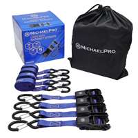 4 Pack 1" x 15' Ratchet Tie Down Straps with S-Hook Safety Latches, 1500 lb Break Strength 