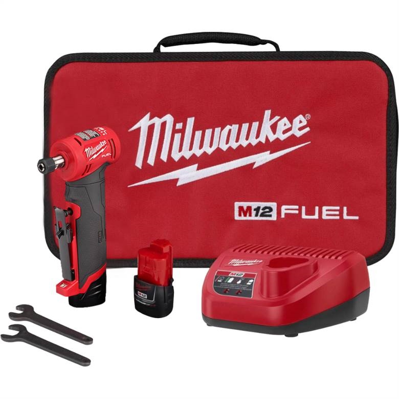 Milwaukee 2485-22 - M12 FUEL 12-Volt Lithium-Ion Brushless Cordless 1/4 in. Right Angle Die Grinder Kit w/ (2) 2.0Ah Batteries